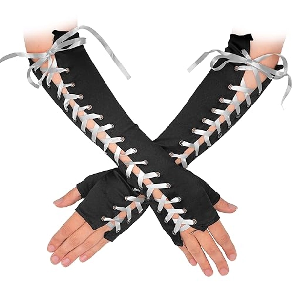 Skeleteen Fingerless Lace Up Gloves - Long Black Costume Elbow Arm Warmer Accessories with White Satin Laced Tie for Dress Up