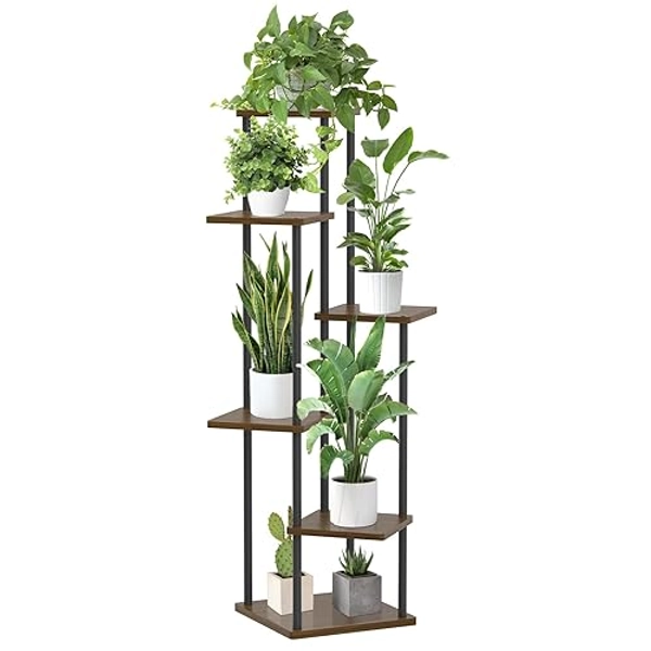 KAZITOO 6 Tier Tall Plant Stands Corner Indoor, 116cm Large Metal Flower Pots Shelf for Multiple Plants, Tiered Plant Holder Display Rack for Garden Patio Office Living Room(Oak)