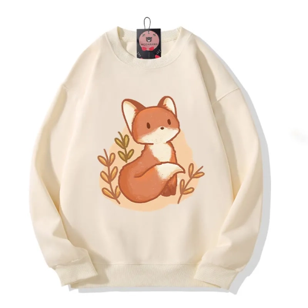Modakawa Cartoon Fox Print Round Collar Plush Sweatshirt