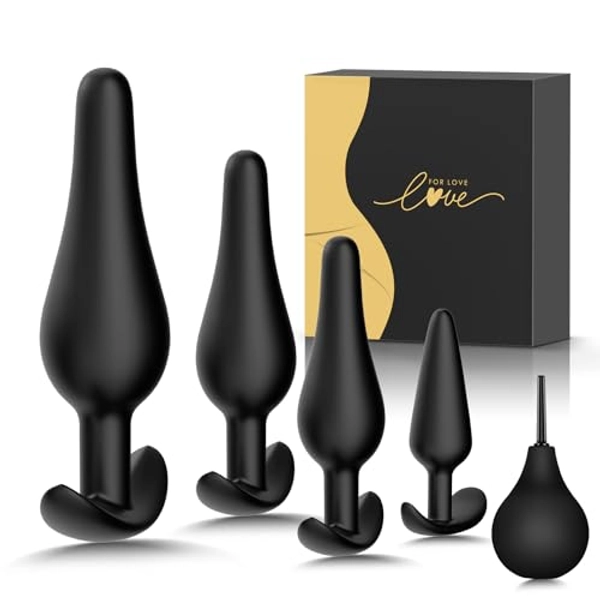 Linsecn 5PCS Anal Butt Plug Set, Anal Plug Training Kit with Curved Base, Prostate Massager Silicone Anal Toy, Male Dildo G Spot Anal Beads Plugs, Adult Sex Toys for Men Women or Couple Pleasure