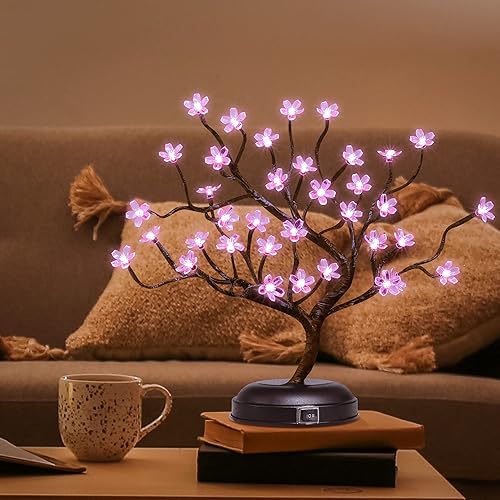 LIGHTSHARE 16Inch 36LED Cherry Blossom Bonsai Light, Pink Light, Battery Powered and Plug-in Adapter (Included), Built-in Timer, Décor for Home,Festival,Party,Christmas,Night Light - Pink