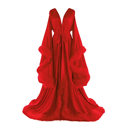 Daily Life Mall Women's Feather Bridal Robes Old Hollywood Maternity Photoshoot Nightgown Silk Bathrobe Long Lingerie - XX-Large - I-red