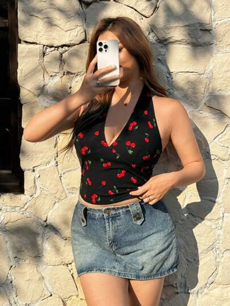 Solflare Plus Size Cherry Pattern Minimalist Fashion Casual Daily Tank Top