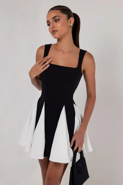 Wide Straps Pleated Hem Colorblock A-Line Mini Dresses-Black