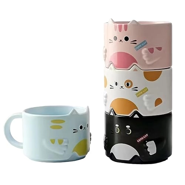 Stackable Mug Set of 4, Adorable Ceramic Coffee Mugs with Funny Cartoon Cat Designs, Perfect Gifts for Parties, Christmas, and Cat Lovers, 10 oz