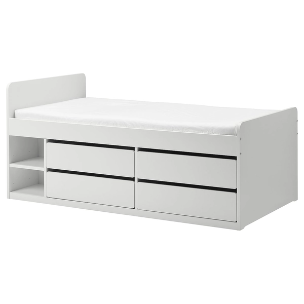 SLÄKT Bed frame w/storage+slatted bedbase - white Twin