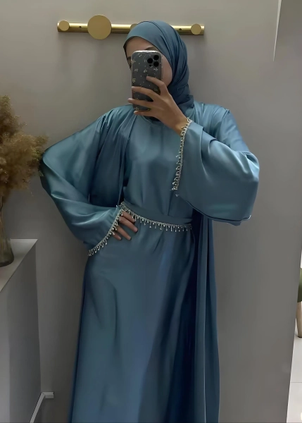 Satin Diamond Drape Sleeves Abayas Set – Eid & Ramadan Modest Long Dress (LX04)