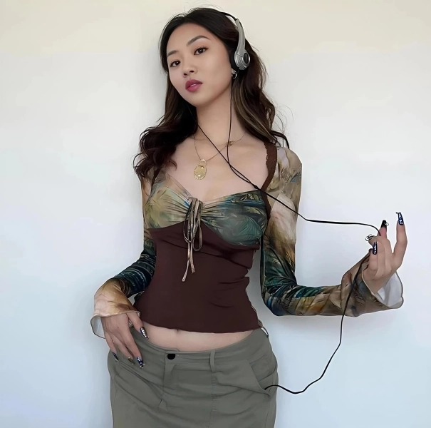 Y2K Mesh Corset Top, Vintage Floral Print Long Sleeve Blouse, Fairycore Aesthetic Sheer Crop Top, vintage Style