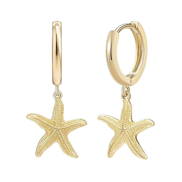 SANNYRA Huggie Earrings for Women - 14K Gold Plated Beach Sea Drop Dangle Earrings - Starfish Butterfly Moon Star Seashell Beachy Jewelry