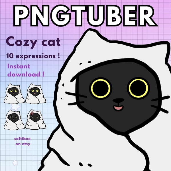 Pngtuber Black Cat Cozy white Blanket | 10x Kawaii Png tuber Kitty for Twitch Vtubers | Furry Vtuber cat model for Streamers | Gaming models