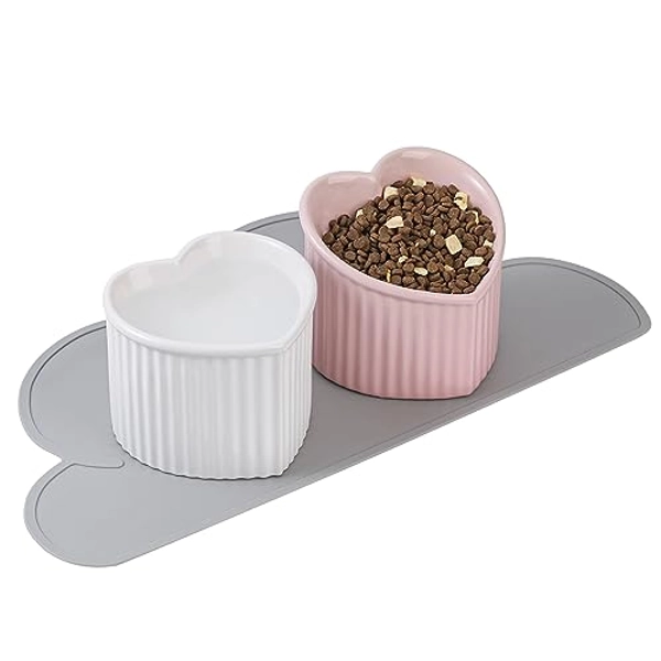 Cat Food Water Bowl Set - Raised Ceramic Cat Feeding Bowls with Non Slip Mat - Elevated Cat Dish Anti Vomiting - Whisker Friendly Wide Cat Bowl - Microwave and Dishwasher Safe - White & Pink (2pcs)