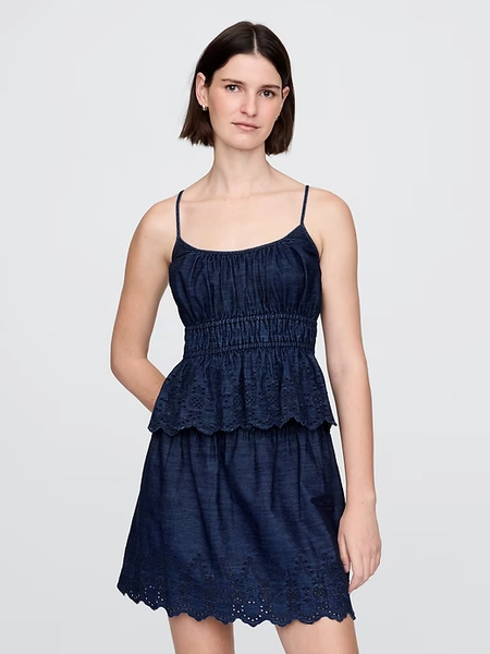 Smocked Eyelet Denim Cami
