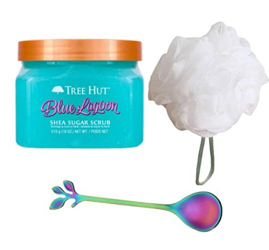 Tree Hut Blue Lagoon Shea Sugar Scrub Set! Body Scrub 18oz, Loofah and Spoon! Formulated With Real Sugar, Certified Shea Butter And Sea Minerals! Ultra Hydrating and Exfoliating Scrub! (Blue Lagoon) - Blue Lagoon