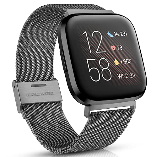 Maledan Compatible with Fitbit Versa Bands for Women Men, Adjustable Metal Band Stainless Steel Accessories Wristbands for Fitbit Versa 2 Smart Watch, Space Gray - Colorful (Fits for 6.0"-8.0")