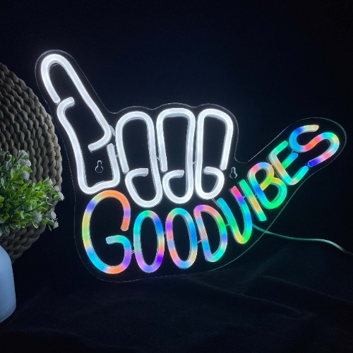 Good Vibes Neon Sign Light for Wall Décor Good Vibes Only Hand Neon Signs Bedroom Game Room Light Up LED Wall Sign Cool Things for Teen Room Sign Gamer Gift Party Holiday (Good Vibes - Dynamic Color Chaning) - Good Vibes - Dynamic Color Chaning