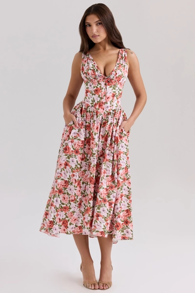 Emmelina Floral Rose Print Stretch Cotton Corset Sundress