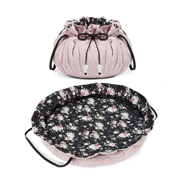 Large Drawstring Cosmetic Bag, Travel Makeup Bag Organizer Case with Clear Pouch Set, Make Up Bags for Women Portable Toiletries Accessories Brush Floral 20 Inch (Pink)