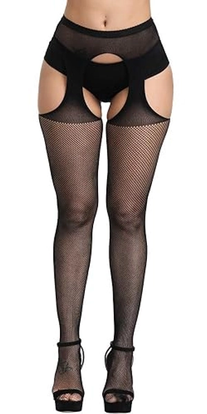 Confonze Women's High Waist Fishnet Tights Suspenders Pantyhose Thigh High Stockings Black