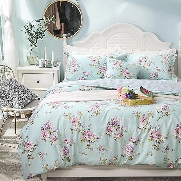FADFAY Floral Duvet Cover Queen 100% Cotton Blue Green Farmhouse Bedding Super Soft Reversible Striped French Country Bed Cover Purple Hydrangea and Peony Print Zipper Comforter Cover 3 Pieces