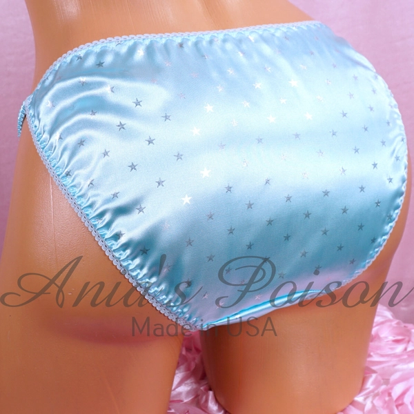 Satin String Bikini Panties Blue; Silver Stars - Size 6