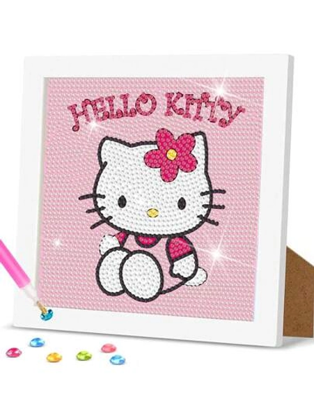 Sanrio 1 Stück Diamant-Kunst-Malset für Hello Kitty DIY Kristall-Strass-Mosaik Diamant-Malerei, Kristall-Diamanten, Ölgemälde, Wand-Dekoration für Zuhause, Bastelgeschenke zum Valentinstag