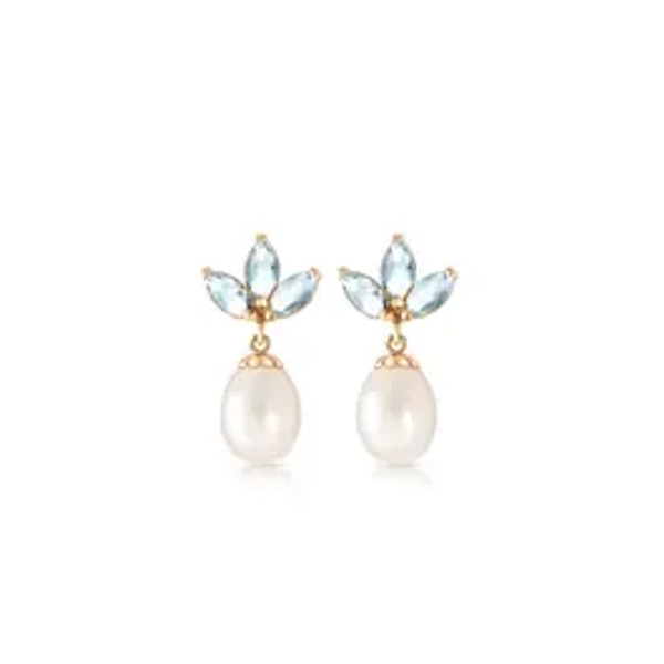 Aquamarine & Pearl Aura Petal Drop Earrings in 14k Gold