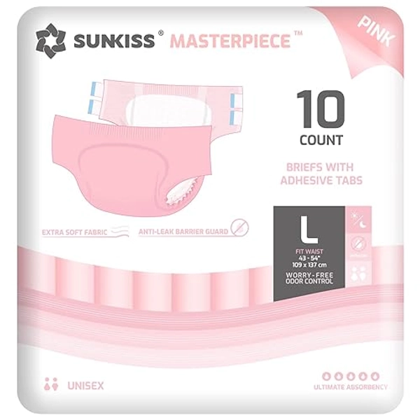 SUNKISS Masterpiece Adult Diapers with Tabs, Unisex Disposable Incontinence Briefs for Women and Men, Odor Control, Pink, Large, 10 Count