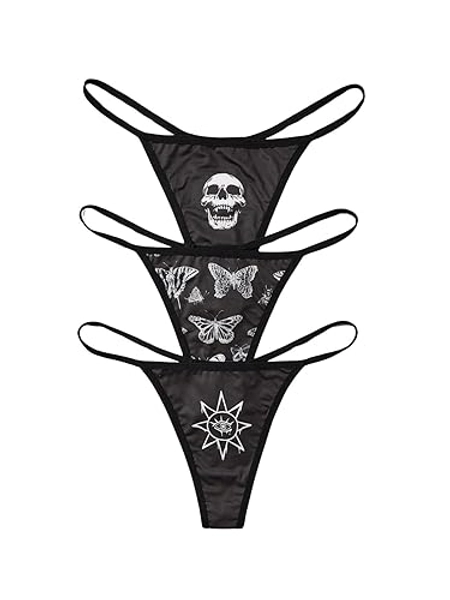 WDIRARA Women's 3 Piece Skull Butterfly Sun Print G String Thong Low Rise Sexy Panties