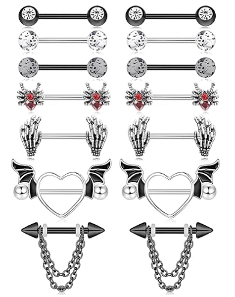 Fansilver 7 Pairs 14G Nipple Rings for Women Surgical Steel Nipple Piercing CZ Heart Butterfly Barbell Nipple Rings Set Cute Nipple Body Piercing Jewelry