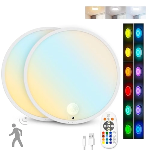 CLAKAP Motion Sensor Ceiling Light, 2Pack Rechargeable Battery Powered Ceiling Light with 15 Color Temperatures, Motion Activated Closet Light with Magnetic Base for Shower Stairs Hallway Porch Garage