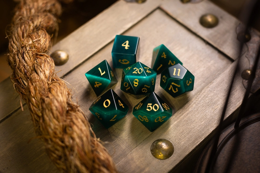 Hand Carved Gemstone Dark Green Cats Eye Stone (And Box) Polyhedral Dice DnD Dice Set