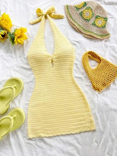 Soleia Vacation Halter Neck Tie Hollow Out Backless Light Yellow Women's Knit Dress, For Music Festival, Beach Boho, Holiday Date, Afternoon Tea