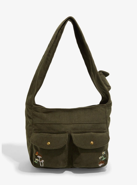 Forest Creatures & Mushrooms Green Corduroy Shoulder Bag