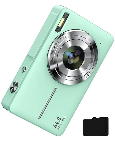 Camkory Digital Camera FHD 1080P Kids Camera with 32GB Card, 16X Zoom Anti Shake Compact Point and Shoot Digital Camera Small Camera for Kids Girls Boys Students, Mint Green