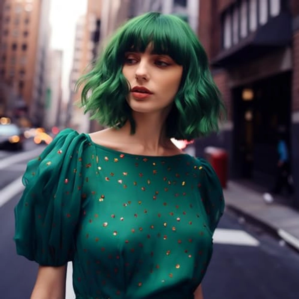 BESTUNG Short Green Wigs for Women Green Wavy Bob Wig with Bangs Medium Length Synthetic Hair Water Wave Dark Roots Wig Gray Colorful Wigs（12inch）
