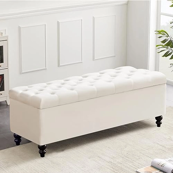 Storage Ottoman 50.2 Inches Upholstered Fabric Storage Ottoman Bench，Button Tufted Ottoman with Storage for Living Room，Bedroom End of Bed Bench Withstands 304lbs (Ivory)