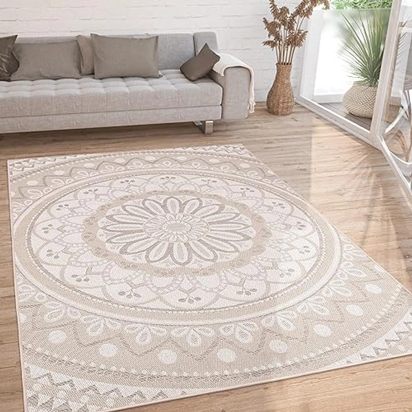 Paco Home Outdoor Teppich Wetterfest Wohnzimmer Küchenteppich Balkon Orient Marokkanisches Muster Modern Ethno Mandala, Grösse:80x150 cm, Farbe:Sand