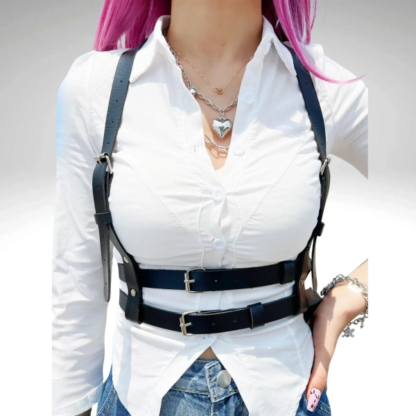 Woman Waist Harness, Shoulder Straps, Woman Suspenders, Gothic Harness, Leather Chest Harness Belt for Women, Leather Clothing, Harness Belt