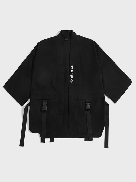 Manfinity StreetEZ Men's Chinese Letter Embroidered Plain Short Sleeve Kimono Shirt With Buckled Flap Pocket, Summer, For Boyfriend Gift, Going Out