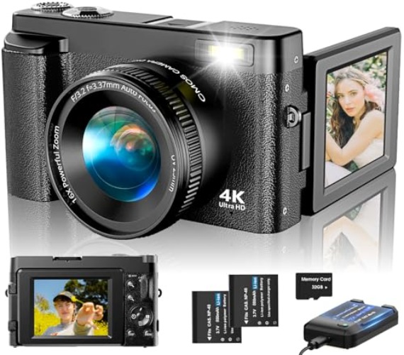 4K Digital Camera for Photography Autofocus, Upgraded 48MP Vlogging Camera for YouTube with SD Card, 3" 180 Flip Screen Compact Travel Camera with 16X Digital Zoom, Flash, Anti-Shake, 2 Batteries - Ink Black