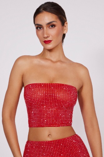 Embellished Strapless Crop Top in Fire Red | 10