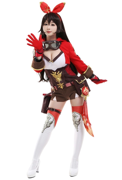Genshin Impact Amber Knights Golden Print Suede Spliced Jumper-Like Outfit Cosplay Costume Woman Full Set with Waist Bags and Hair Band