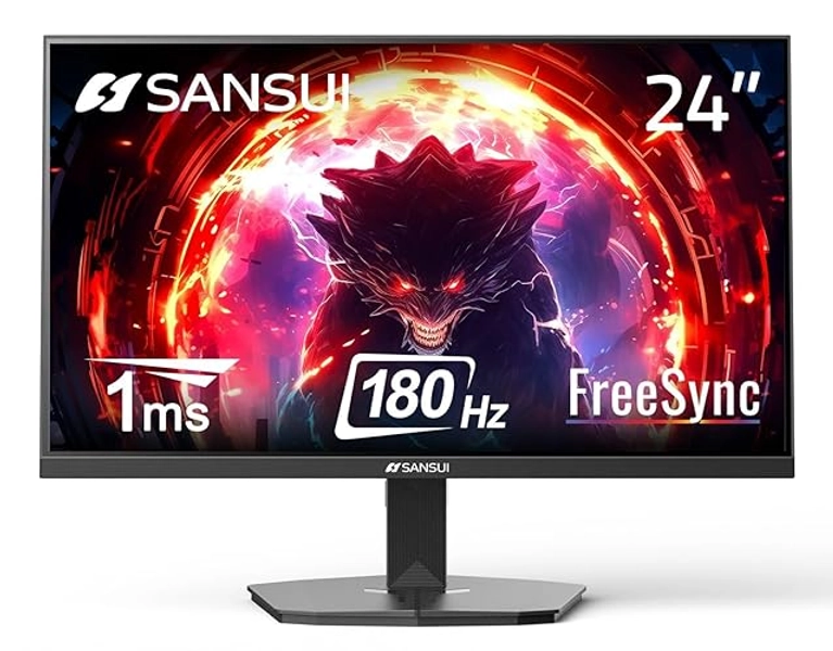 SANSUI 24 Inch Gaming Monitor 180Hz 1Ms FreeSync HDR 110% sRGB FHD 1080P Computer Monitor HDMI DP Ports Eye Care Frameless VESA Mount Cable Management(ES-G24F4L DP Cable Included)