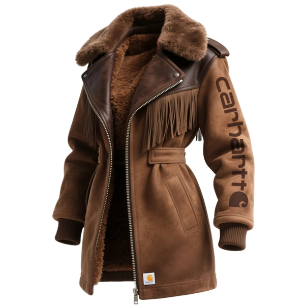 Women's Retro Western Style Suede Contrast Color Stitching Tassel Lapel Coat Wool Lined Thickened Jacket