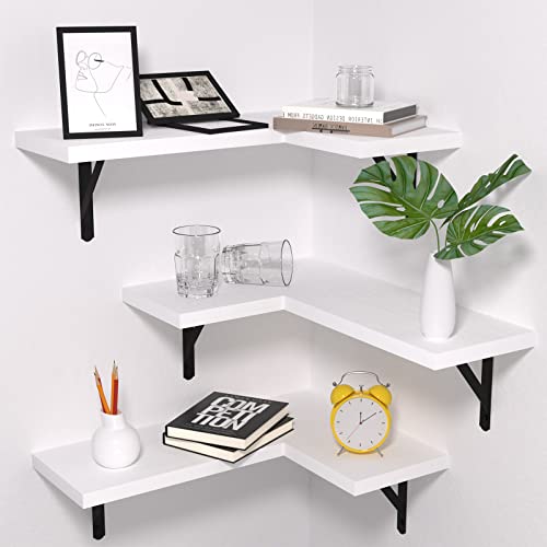 NATURE'S SOURCE Floating Corner Shelves Set of 3, Corner Shelves Wall Mounted, Floating Shelves for Bedroom Kitchen Living Room Bathroom Office- Gothic Style (White, Set of 3) - Set of 3 - White