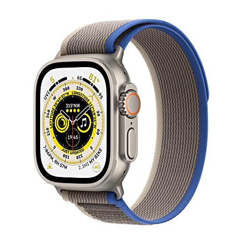 Apple Watch Ultra [GPS + Cellular 49mm] Smart Watch w/Rugged Titanium Case & Blue/Gray Trail Loop S/M. Fitness Tracker, Precision GPS, Action Button, Extra-Long Battery Life, Brighter Retina Display - Titanium Case with Blue/Grey Trail Loop - Trail Loop S/M - fits 130-180mm wrists