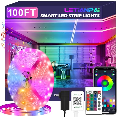 100ft Led Strip Lights,Long Smart Led Light Strips Music Sync 5050 RGB Color Changing Rope Lights,Bluetooth APP/IR Remote/Switch Box Control Led Lights for Bedroom,Home Decoration,Party,Festival - 100FT LED STRIP LIGHTS