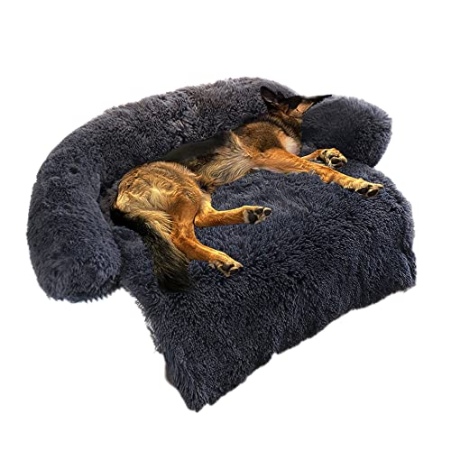 Calming Dog Bed Fluffy Plush Dog Mat for Furniture Protector with Removable Washable Cover for Large Medium Small Dogs and Cats (Large(45x37x6), Dark Grey) - 45.0"L x 37.0"W x 6.0"Th - Dark Grey