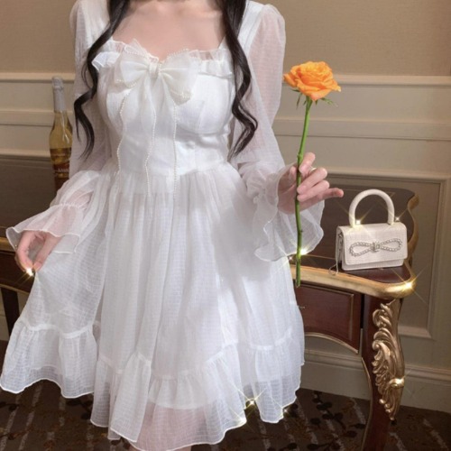 White Kawaii Dress Women Chiffon Lolita Style Long Sleeve Mini Dresses Bow Fairy Robe Ruffles Patchwork Square Collar-White,S