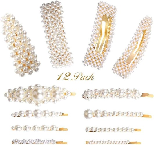 Pearl Hair Clips for Girls Women Ladies, 12Pack Pearl Hair Bobby Pins/Barrettes/Snap Clip/Hair Slides for Wedding Party Holiday, Elegant Handmade Hair Accessories,White/Gold